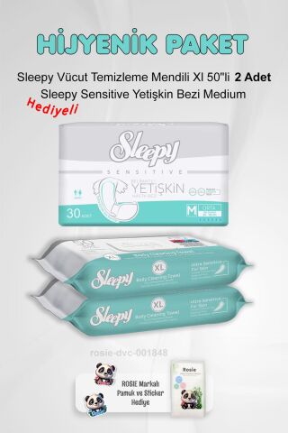 Sleepy Hijyen Paketi Sensitive Yetişkin Bezi Medium ve Vücut Temizleme Mendili Xl 50''li X2 ve Rosie Pamuk
