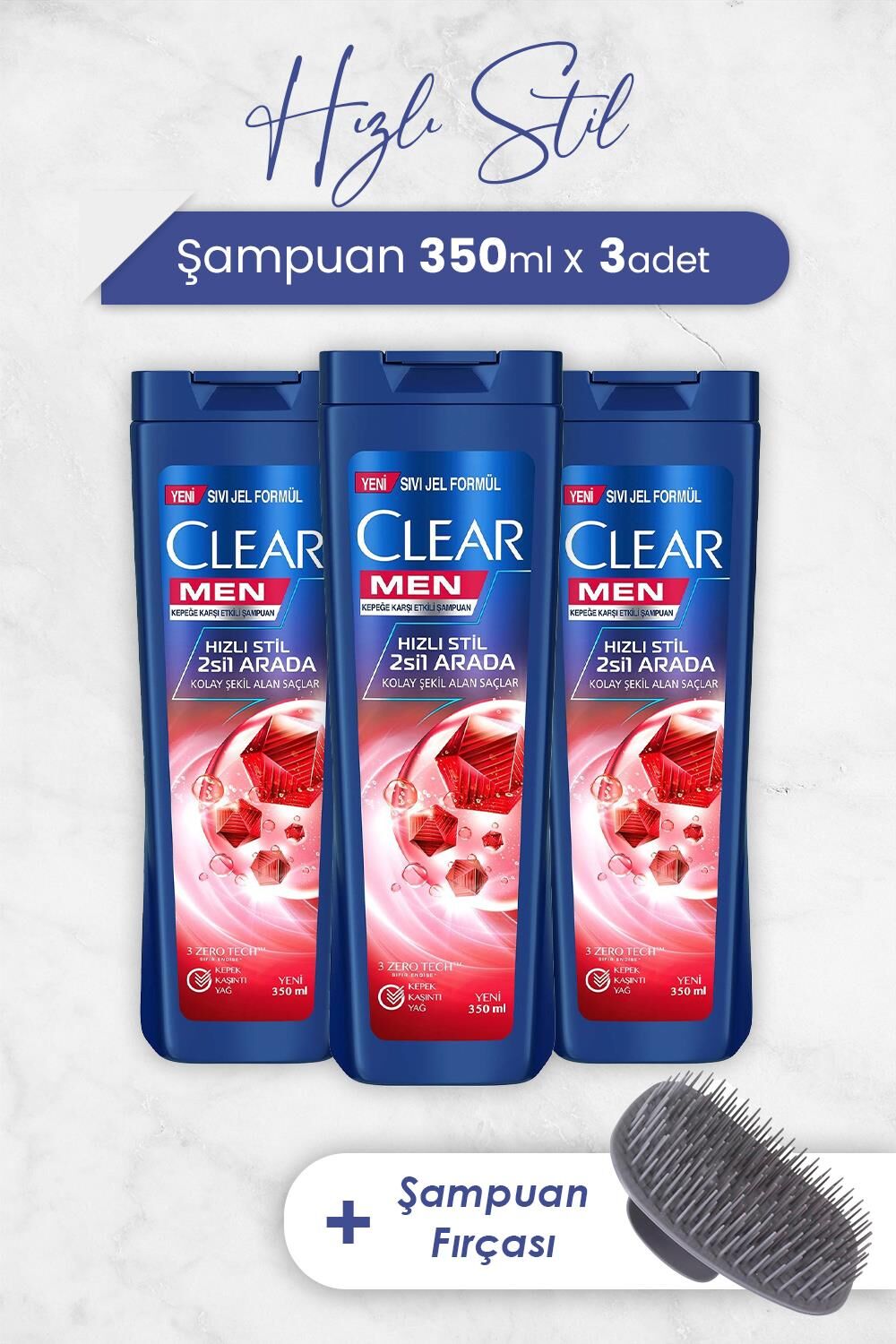 Clear Men Şampuan Hızlı Stil 2'si 1 Arada 350 ml x 3 Adet ve Şampuan Fırçası