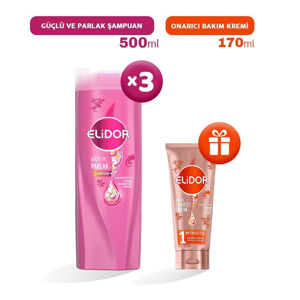 Elidor Şampuan Güçlü ve Parlak 500 ml x 3, Bakım Kremi Hediyeli