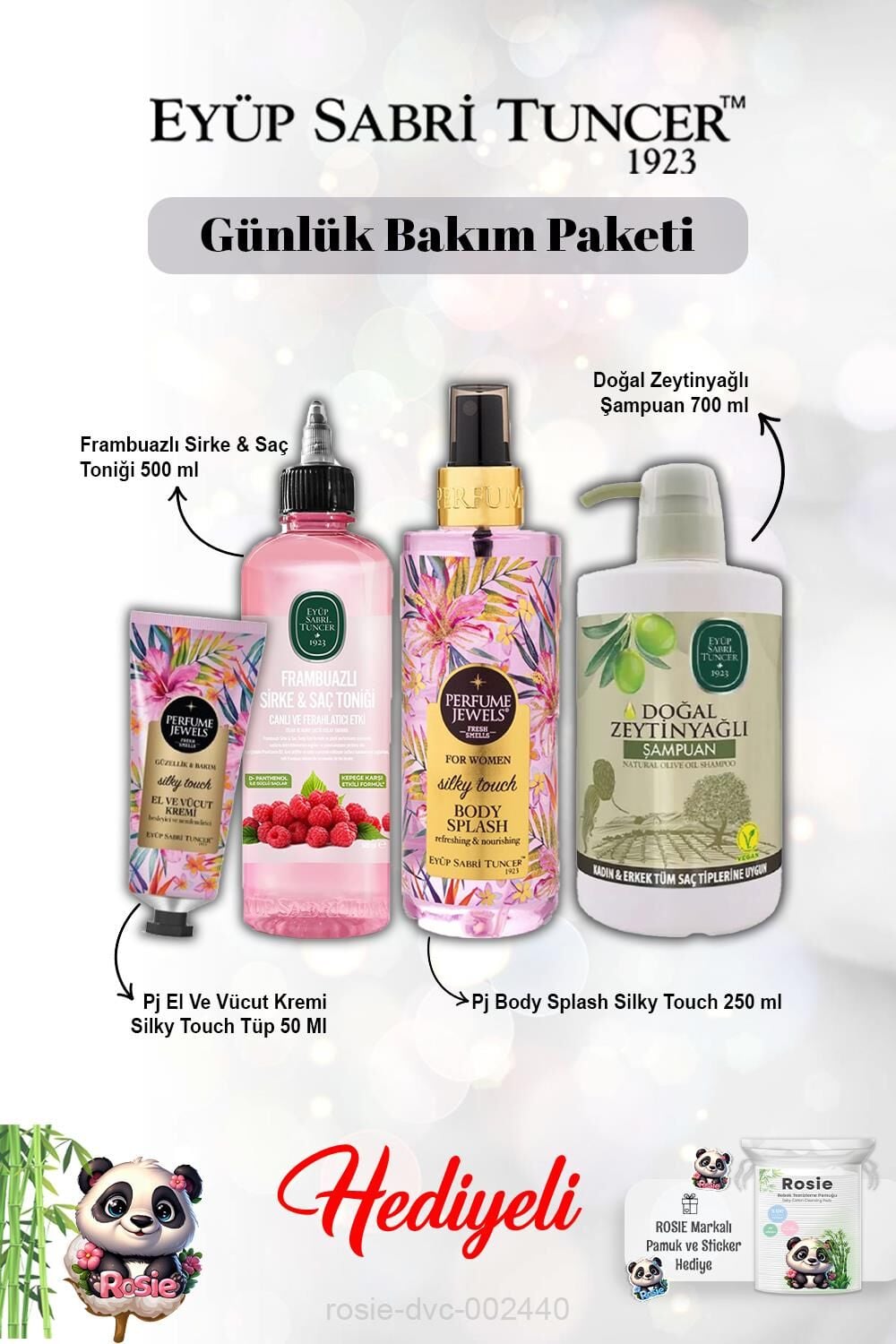 Zeytinyağlı Şampuan,Tonik Frambuazlı,Vücut Spreyi Splash Silky Touch ve Kremi ve Rosie