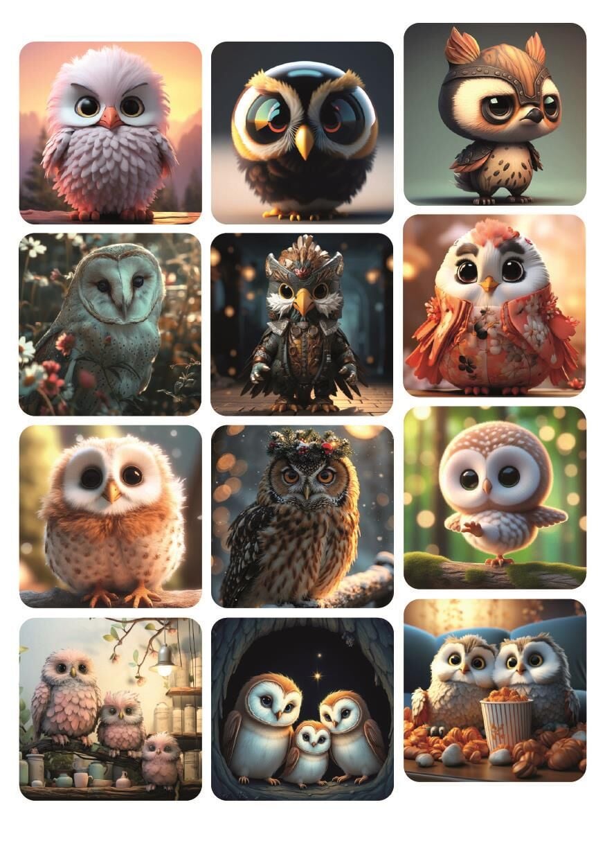 Sevimli Baykuşlar 12 ADET Kare Sticker