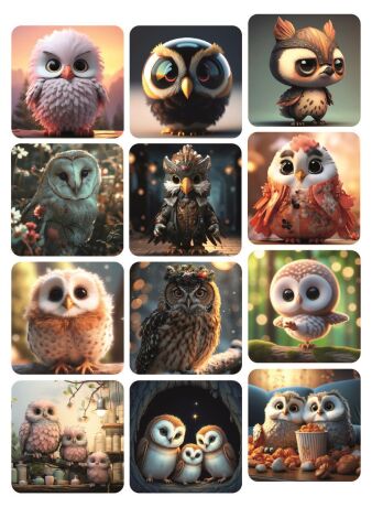 Sevimli Baykuşlar 12 ADET Kare Sticker