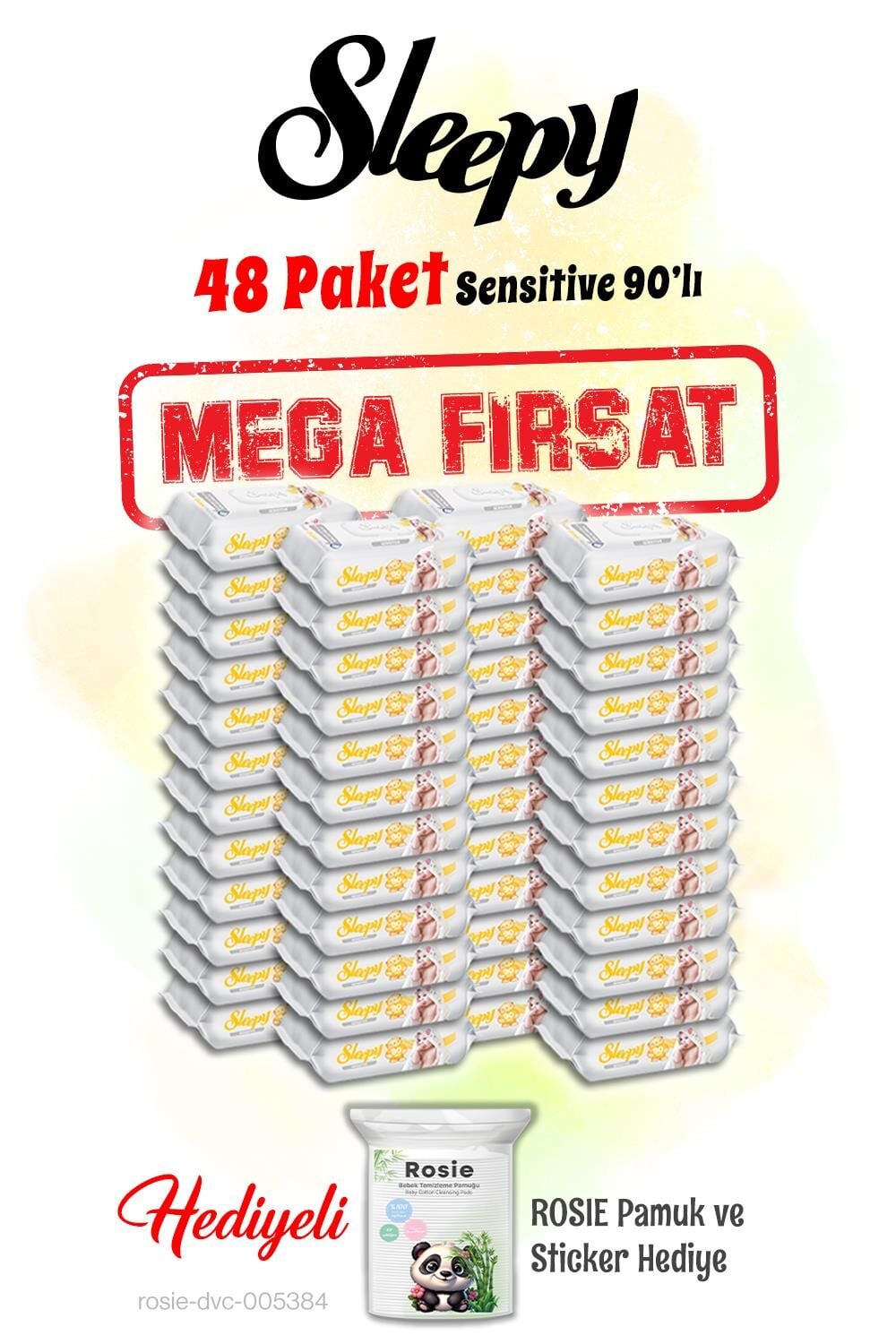 Sleepy Mega 48 paket 90'lı Sensitive Islak Bebek Havlusu ve Rosie hediye