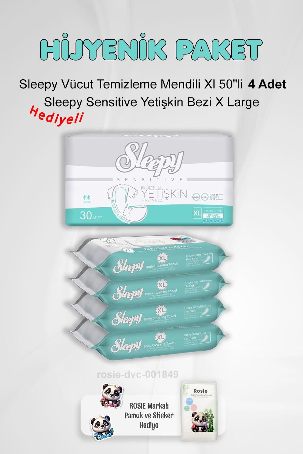 Sleepy Hijyen Paketi Sensitive Yetişkin Bezi X Large ve Vücut Temizleme Mendili Xl 50''li X4 ve Rosie Pamuk