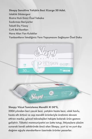 Sleepy Hijyen Paketi Sensitive Yetişkin Bezi X Large ve Vücut Temizleme Mendili Xl 50''li X4 ve Rosie Pamuk