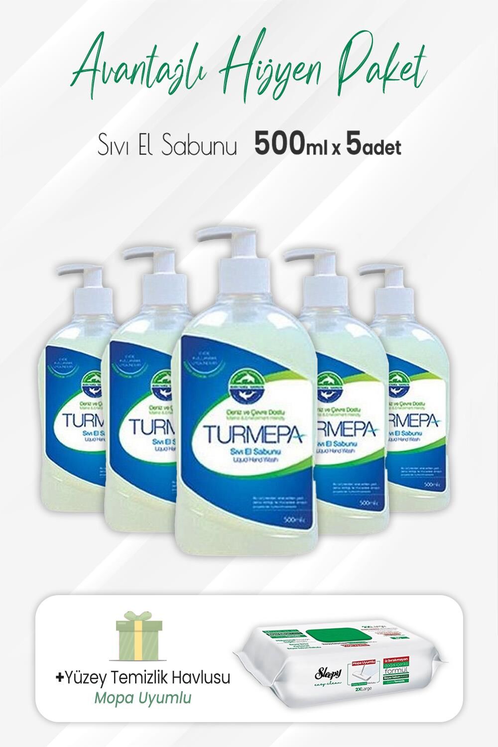 Turmepa Sıvı Sabun 500 ml x 5 Adet ve Mopa Uyumlu Yüzey Temizlik 80'li