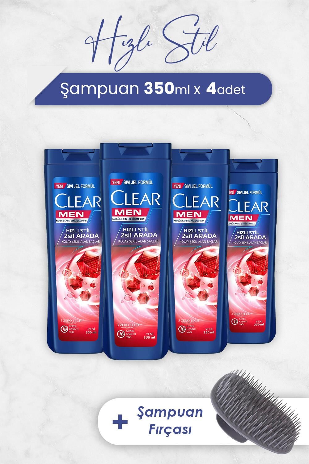 Clear Men Şampuan Hızlı Stil 2'si 1 Arada 350 ml x 4 Adet ve Şampuan Fırçası