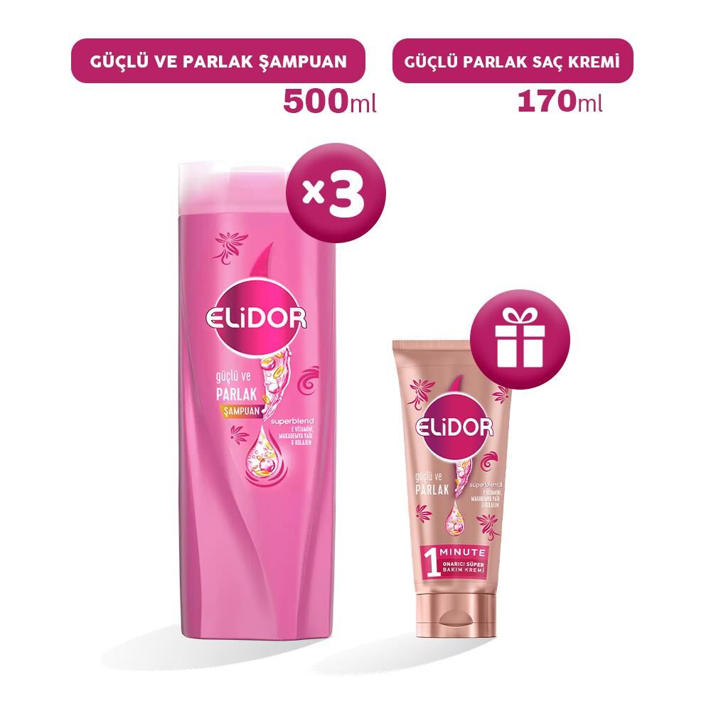 Elidor Şampuan Güçlü ve Parlak 500 ml x 3, Bakım Kremi Hediyeli