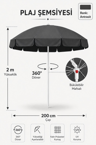 Antrasit Plaj Şemsiyesi 200 cm çap/10 telli, eğim verilebilir