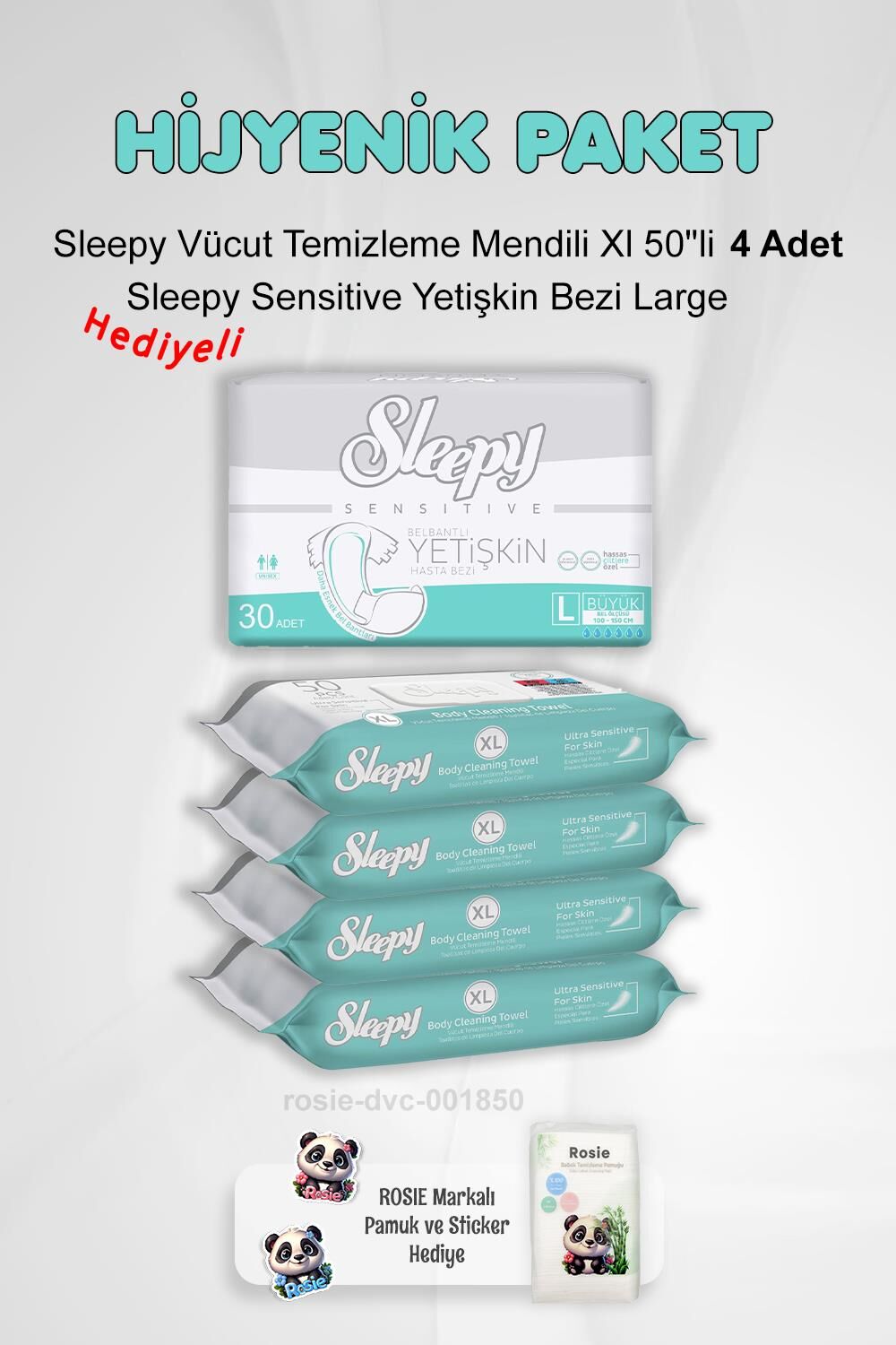 Sleepy Hijyen Paketi Sensitive Yetişkin Bezi Large ve Vücut Temizleme Mendili Xl 50''li X4 ve Rosie Pamuk