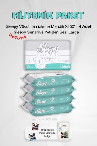 Sleepy Hijyen Paketi Sensitive Yetişkin Bezi Large ve Vücut Temizleme Mendili Xl 50''li X4 ve Rosie Pamuk