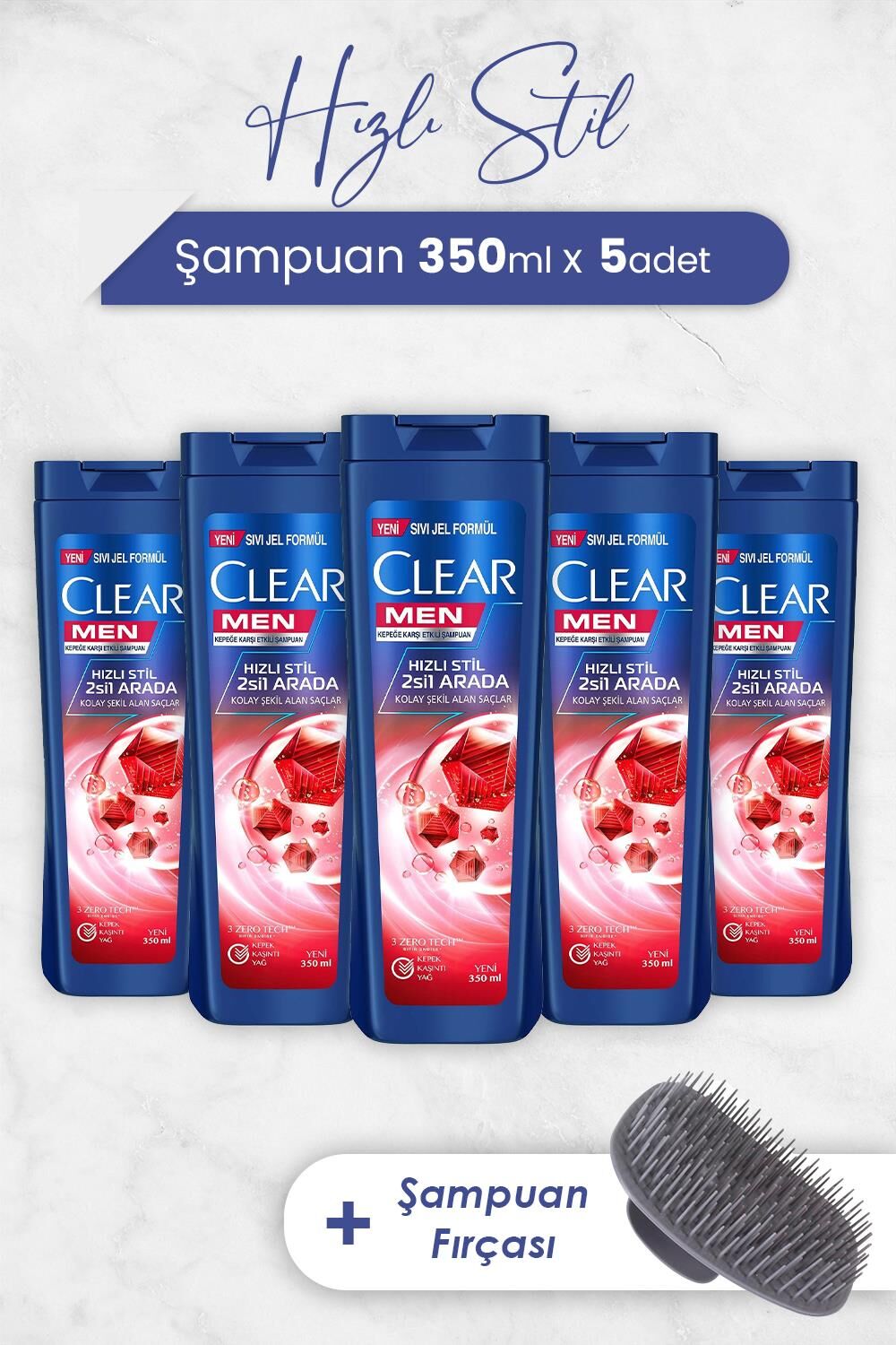 Clear Men Şampuan Hızlı Stil 2'si 1 Arada 350 ml x 5 Adet ve Şampuan Fırçası