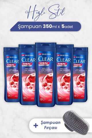 Clear Men Şampuan Hızlı Stil 2'si 1 Arada 350 ml x 5 Adet ve Şampuan Fırçası