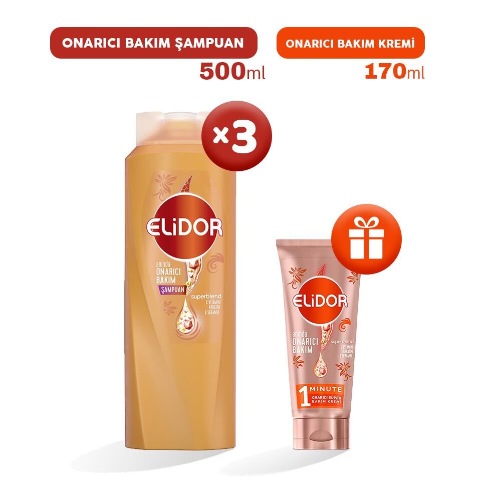 Elidor Şampuanı Onarıcı Bakım 500 ml x 3, Bakım Kremi Hediyeli