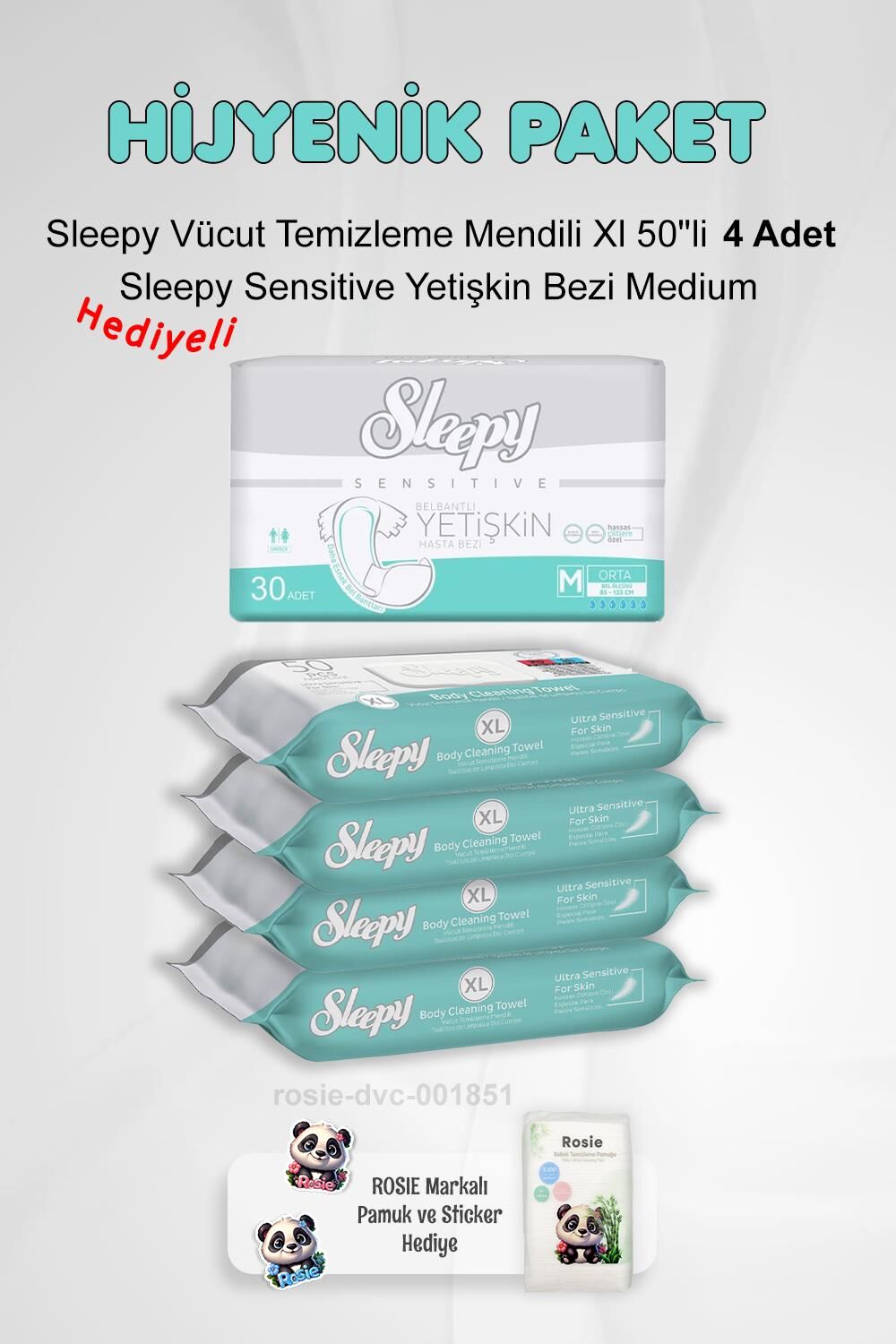 Sleepy Hijyen Paketi Sensitive Yetişkin Bezi Medium ve Vücut Temizleme Mendili Xl 50''li X4 ve Rosie Pamuk