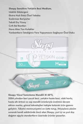 Sleepy Hijyen Paketi Sensitive Yetişkin Bezi Medium ve Vücut Temizleme Mendili Xl 50''li X4 ve Rosie Pamuk