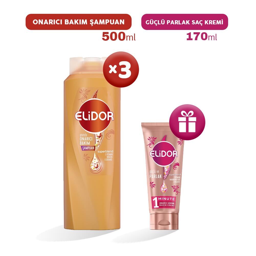 Elidor Şampuanı Onarıcı Bakım 500 ml x 3, Bakım Kremi Hediyeli