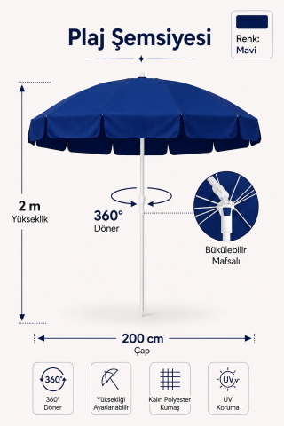 Mavi Plaj Şemsiyesi 200 cm çap/10 telli, eğim verilebilir