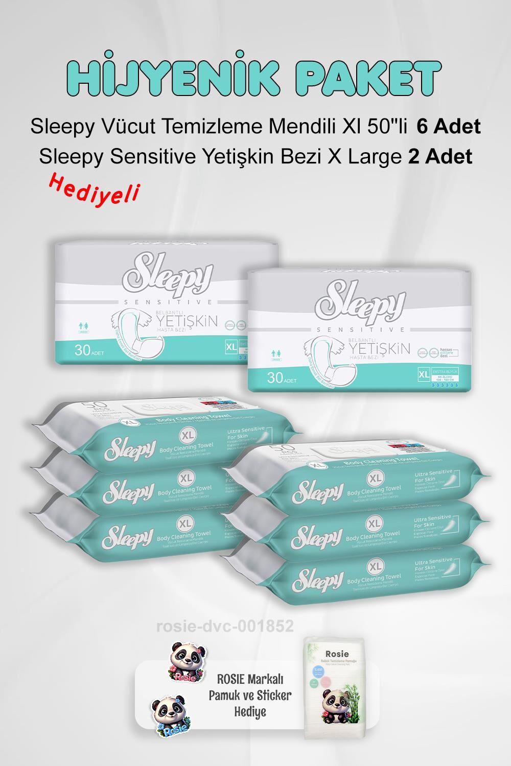 Sleepy Hijyen Paketi Sensitive Yetişkin Bezi X Large X2 ve Vücut Temizleme Mendili Xl 50''li X6 ve Rosie Pamuk