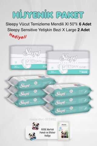 Sleepy Hijyen Paketi Sensitive Yetişkin Bezi X Large X2 ve Vücut Temizleme Mendili Xl 50''li X6 ve Rosie Pamuk
