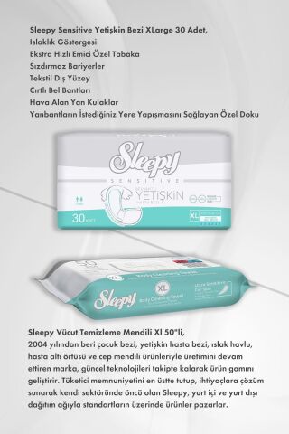 Sleepy Hijyen Paketi Sensitive Yetişkin Bezi X Large X2 ve Vücut Temizleme Mendili Xl 50''li X6 ve Rosie Pamuk
