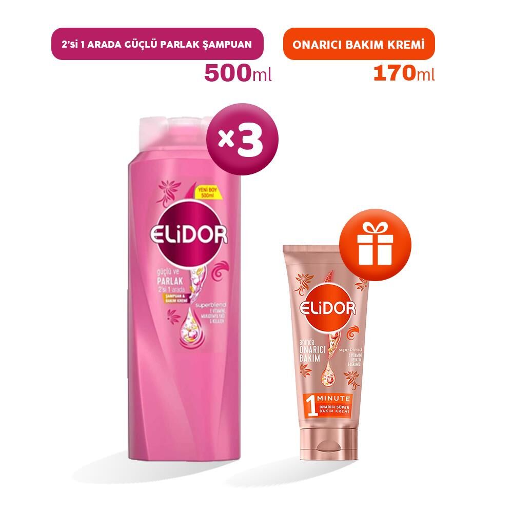 Elidor 2'si 1 Arada Şampuan Güçlü ve Parlak 500 ml x 3, Bakım Kremi Hediyeli