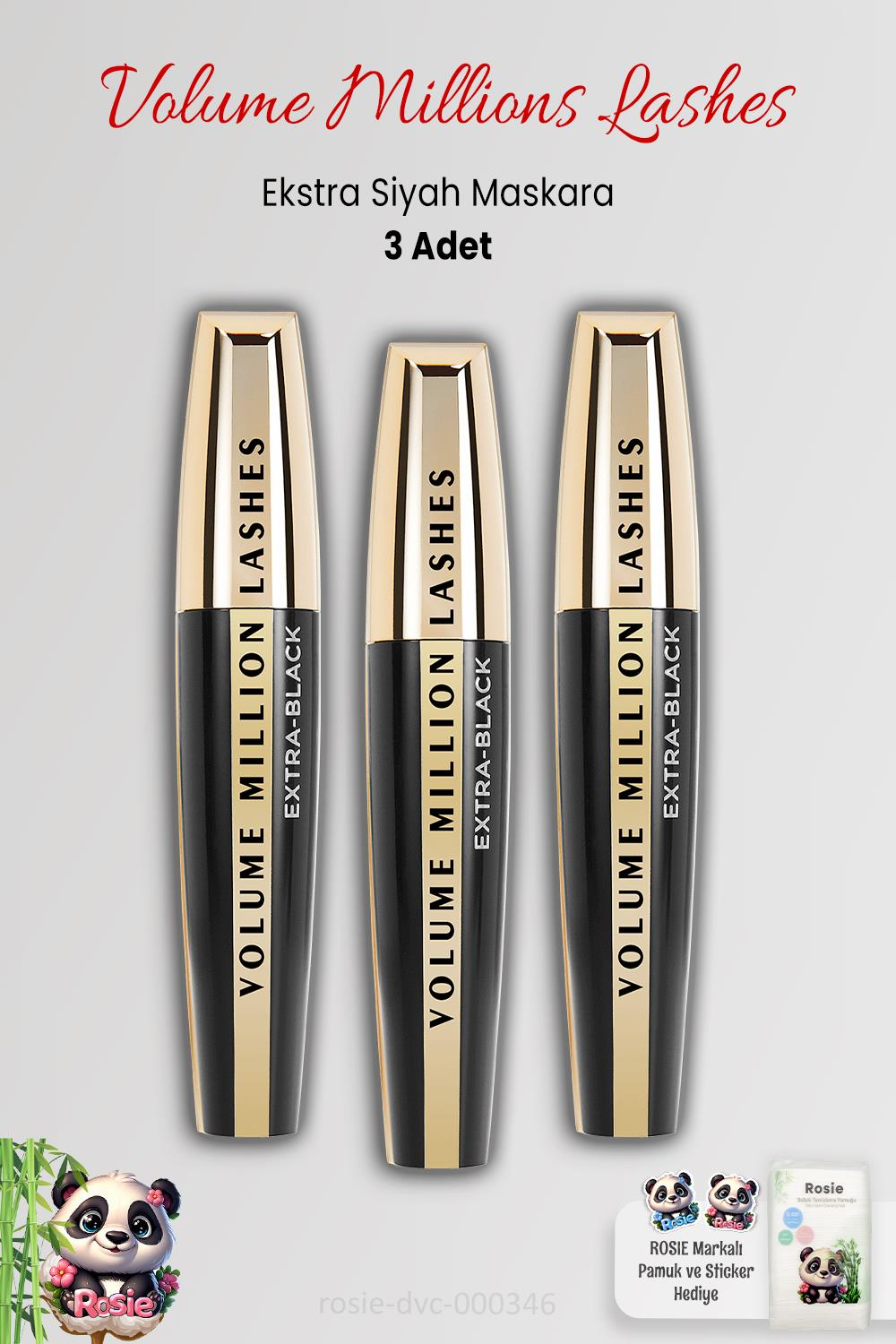 3 Adet Loreal Paris Volume Millions Lashes Maskara Ekstra Siyah ve ROSIE