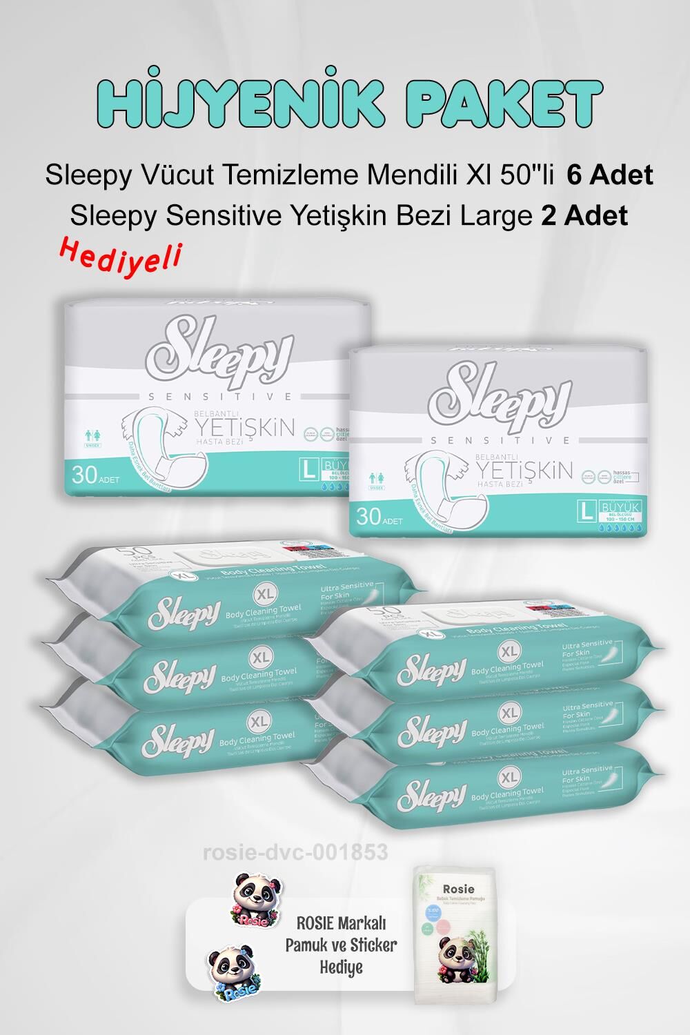 Sleepy Hijyen Paketi Sensitive Yetişkin Bezi Large X2 ve Vücut Temizleme Mendili Xl 50''li X6 ve Rosie Pamuk