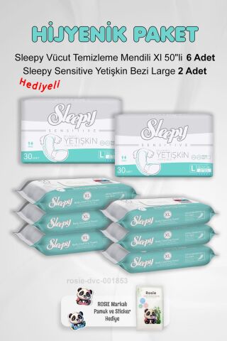 Sleepy Hijyen Paketi Sensitive Yetişkin Bezi Large X2 ve Vücut Temizleme Mendili Xl 50''li X6 ve Rosie Pamuk