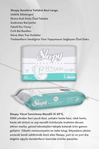 Sleepy Hijyen Paketi Sensitive Yetişkin Bezi Large X2 ve Vücut Temizleme Mendili Xl 50''li X6 ve Rosie Pamuk