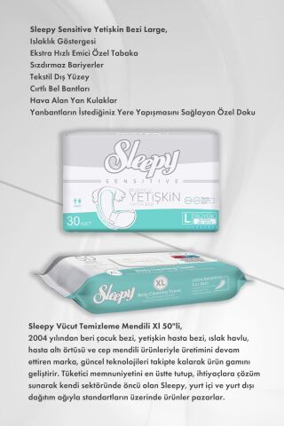 Sleepy Hijyen Paketi Sensitive Yetişkin Bezi Large X2 ve Vücut Temizleme Mendili Xl 50''li X6 ve Rosie Pamuk