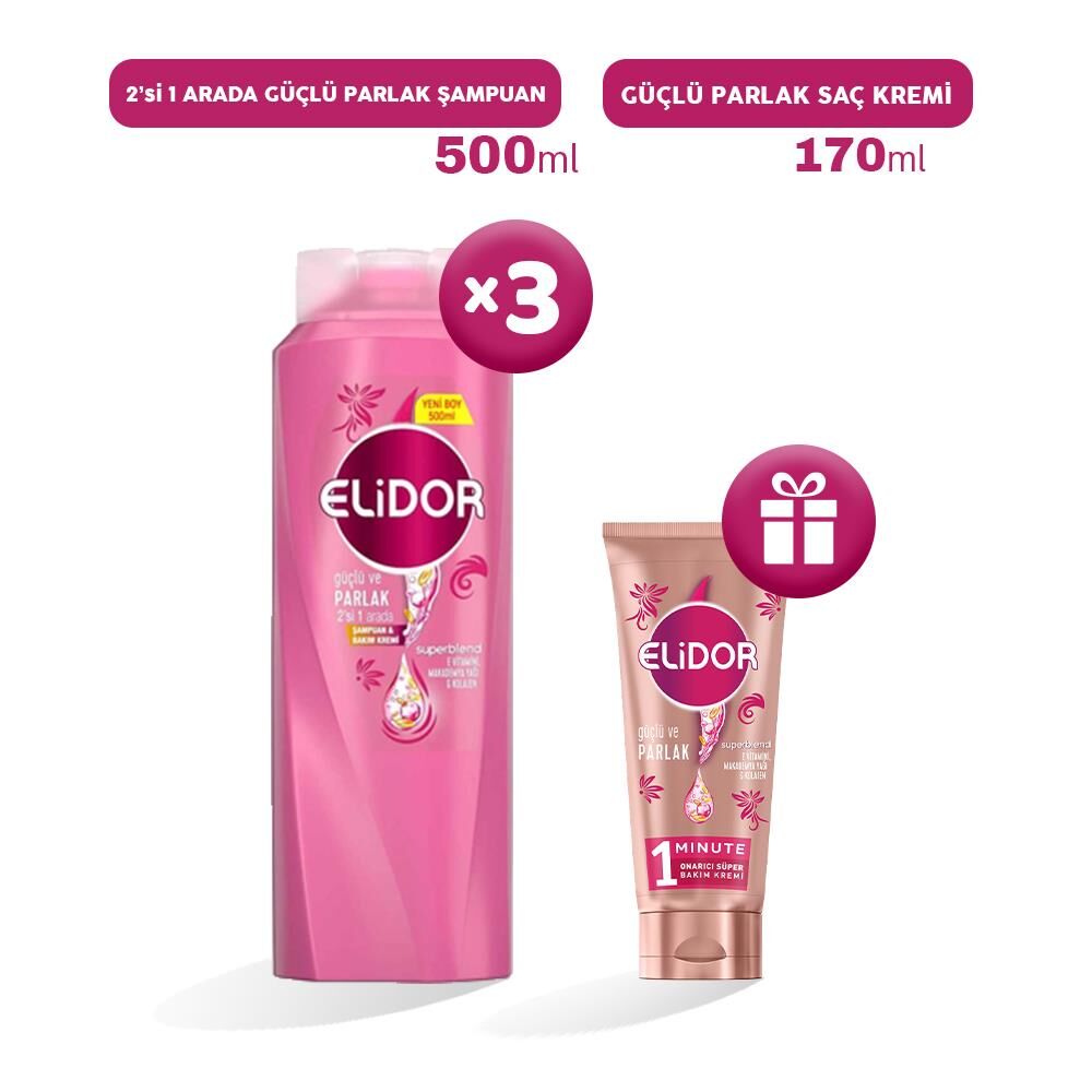 Elidor 2'si 1 Arada Şampuan Güçlü ve Parlak 500 ml x 3, Bakım Kremi Hediyeli