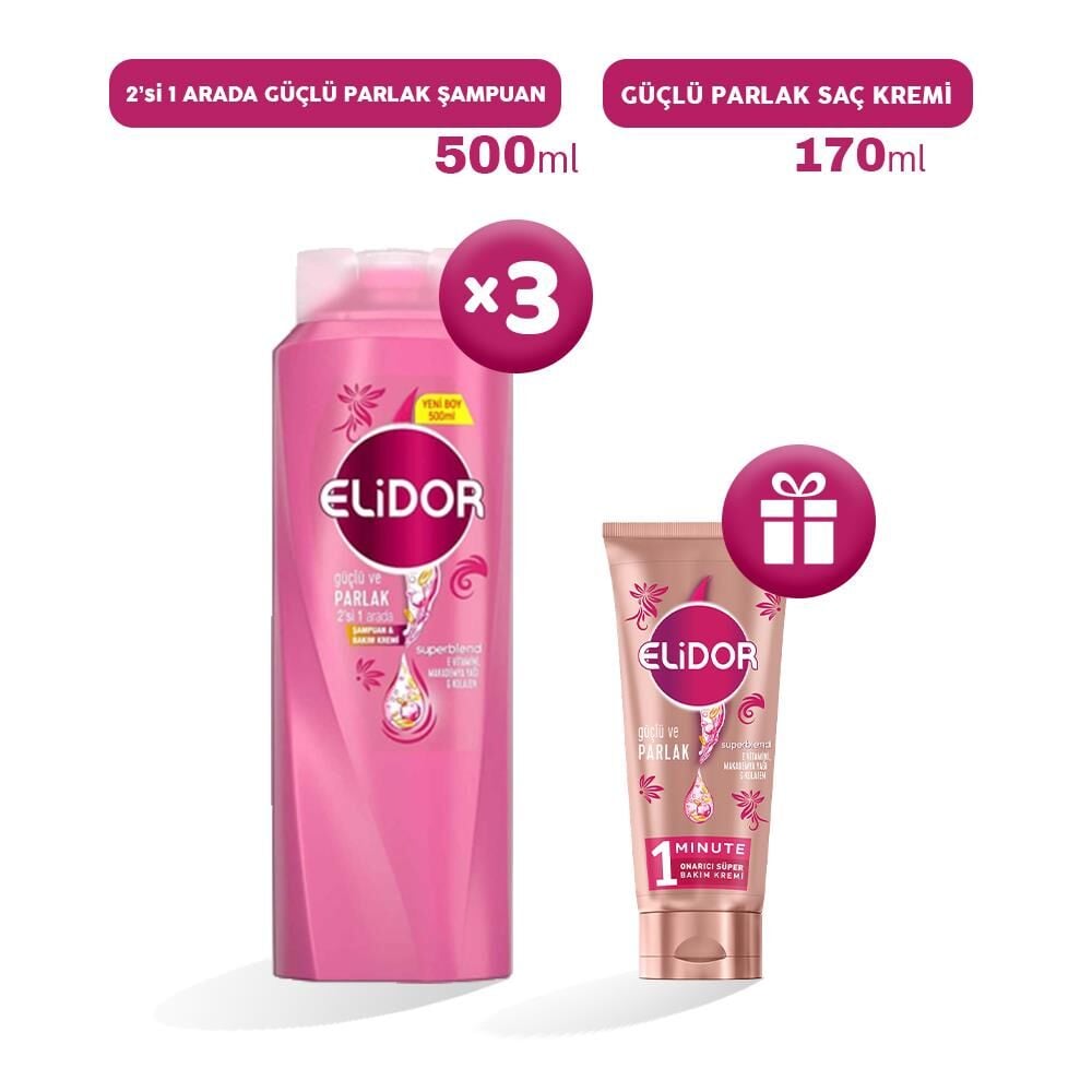 Elidor 2'si 1 Arada Şampuan Güçlü ve Parlak 500 ml x 3, Bakım Kremi Hediyeli