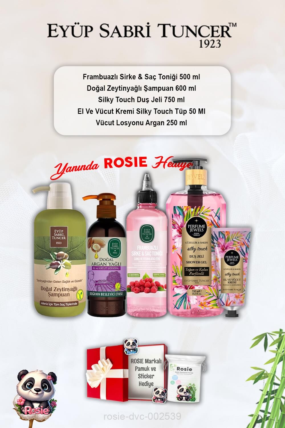 Silky Touch duş jeli ve kremi, Frambuazlı Tonik, Zeytinyağlı Şampuan, Argan Losyon ve Rosie