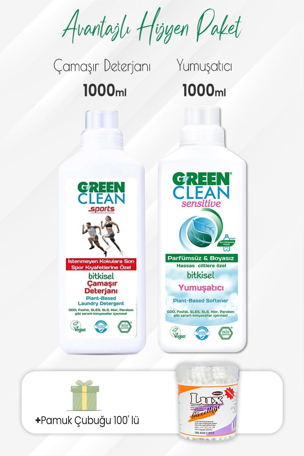 Green Clean Sports Çamaşır Deterjanı,Sensitive Yumuşatıcı 1000 ml ve Pamuk Çubuğu