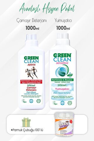 Green Clean Sports Çamaşır Deterjanı,Sensitive Yumuşatıcı 1000 ml ve Pamuk Çubuğu