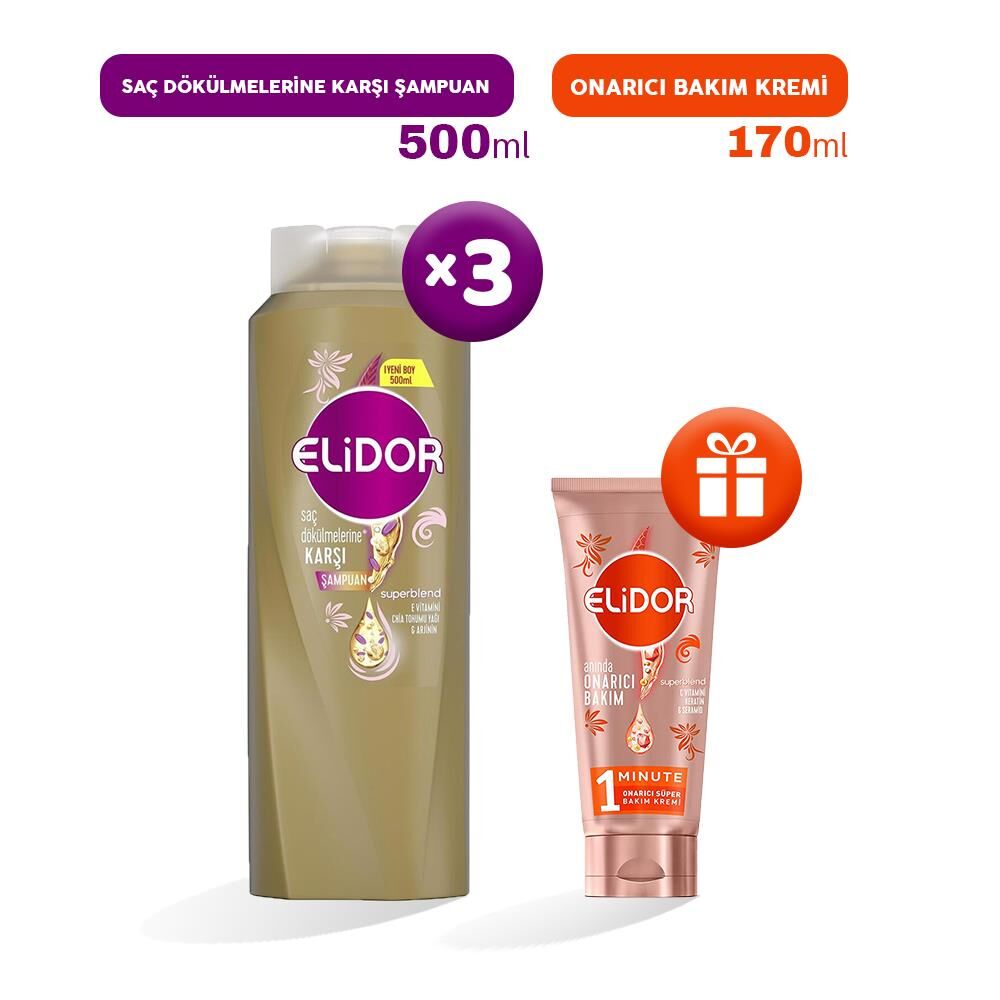 Elidor Şampuan Saç Dökülmelerine Karşı 500 ml x 3, Bakım Kremi Hediyeli