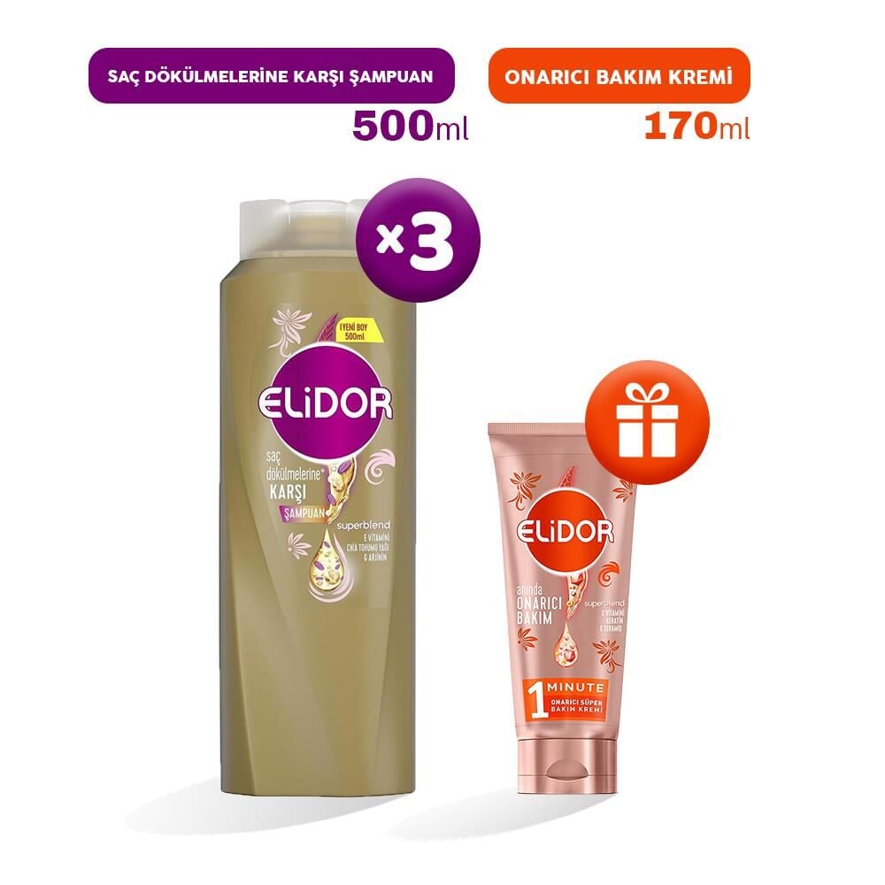 Elidor Şampuan Saç Dökülmelerine Karşı 500 ml x 3, Bakım Kremi Hediyeli