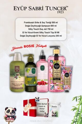 Zeytinyağlı Şampuan ve Losyon, Silky Touch duş jeli ve kremi, Frambuazlı Tonik ve Rosie