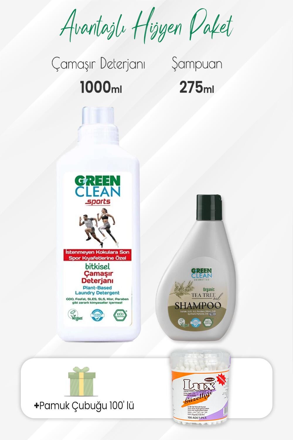 Green Clean Sports Çamaşır Deterjanı,Şampuan Tea Tree 275 ml ve Pamuk Çubuğu