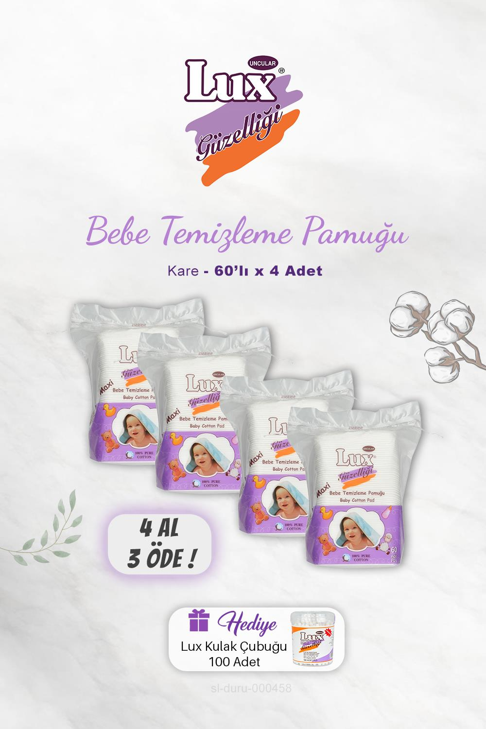 4 AL 3 ÖDE Lux Kare Bebe Temizleme Pamuğu 60' lı, Kulak Çubuğu Hediyeli