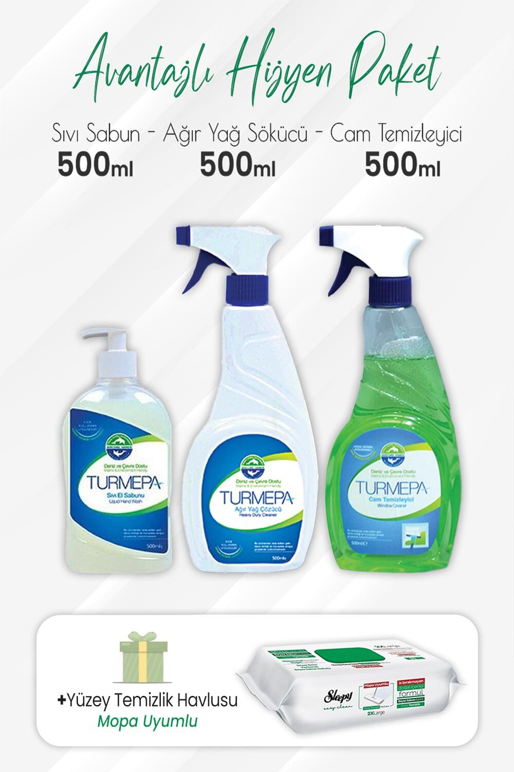 Turmepa Sıvı Sabun, Yağ Sökücü, Cam Temizleyici 500 ml ve Mopa Uyumlu Yüzey 80'li