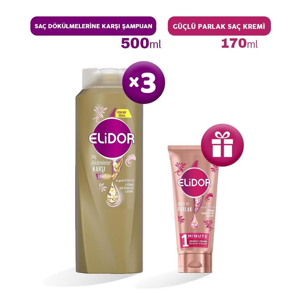 Elidor Şampuan Saç Dökülmelerine Karşı 500 ml x 3, Bakım Kremi Hediyeli