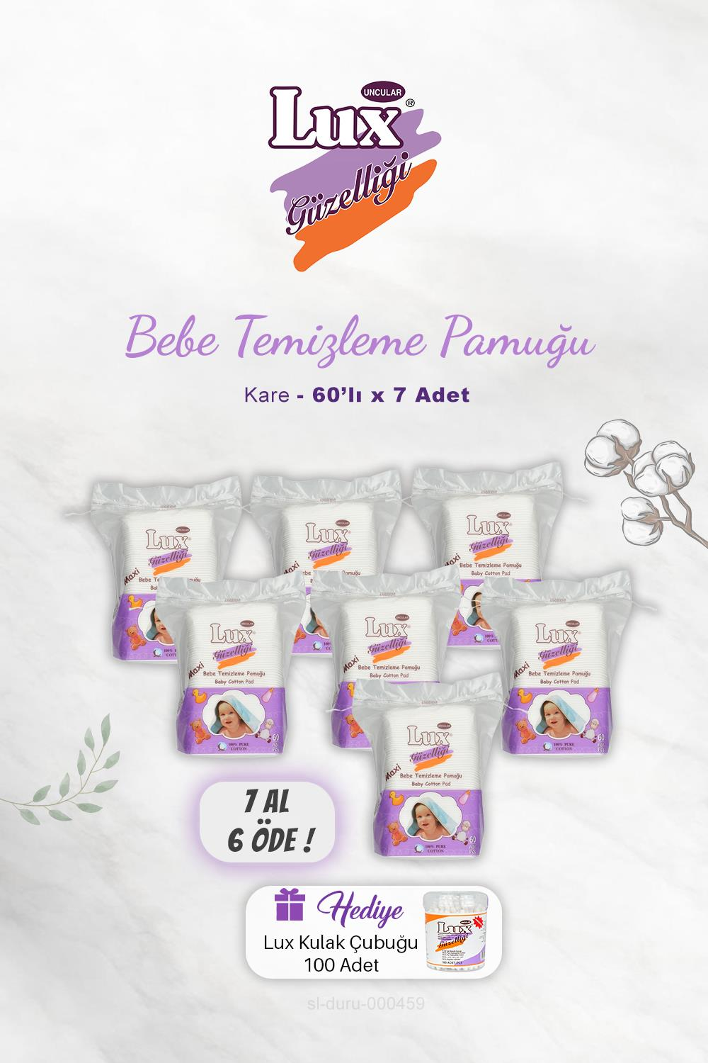 7  AL 6 ÖDE Lux Kare Bebe Temizleme Pamuğu 60' lı, Kulak Çubuğu Hediyeli