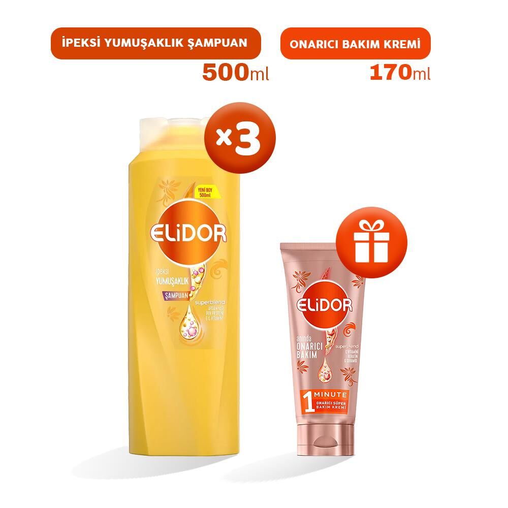 Elidor Şampuan İpeksi Yumuşaklık 500 ml x 3, Bakım Kremi Hediyeli