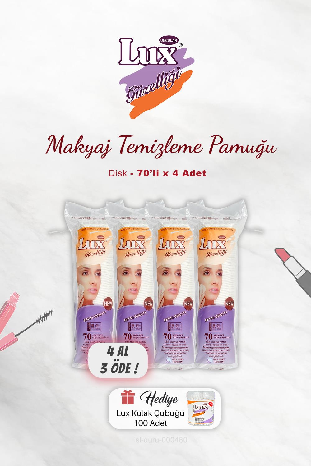 4 AL 3 ÖDE Lux Disk Makyaj Pamuğu 70'li, Kulak Çubuğu Hediyeli