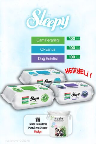 Sleepy 100'lü Okyanus, Çam ve Dağ Esintisi Islak Havlusu ve ROSIE Pamuk Hediye