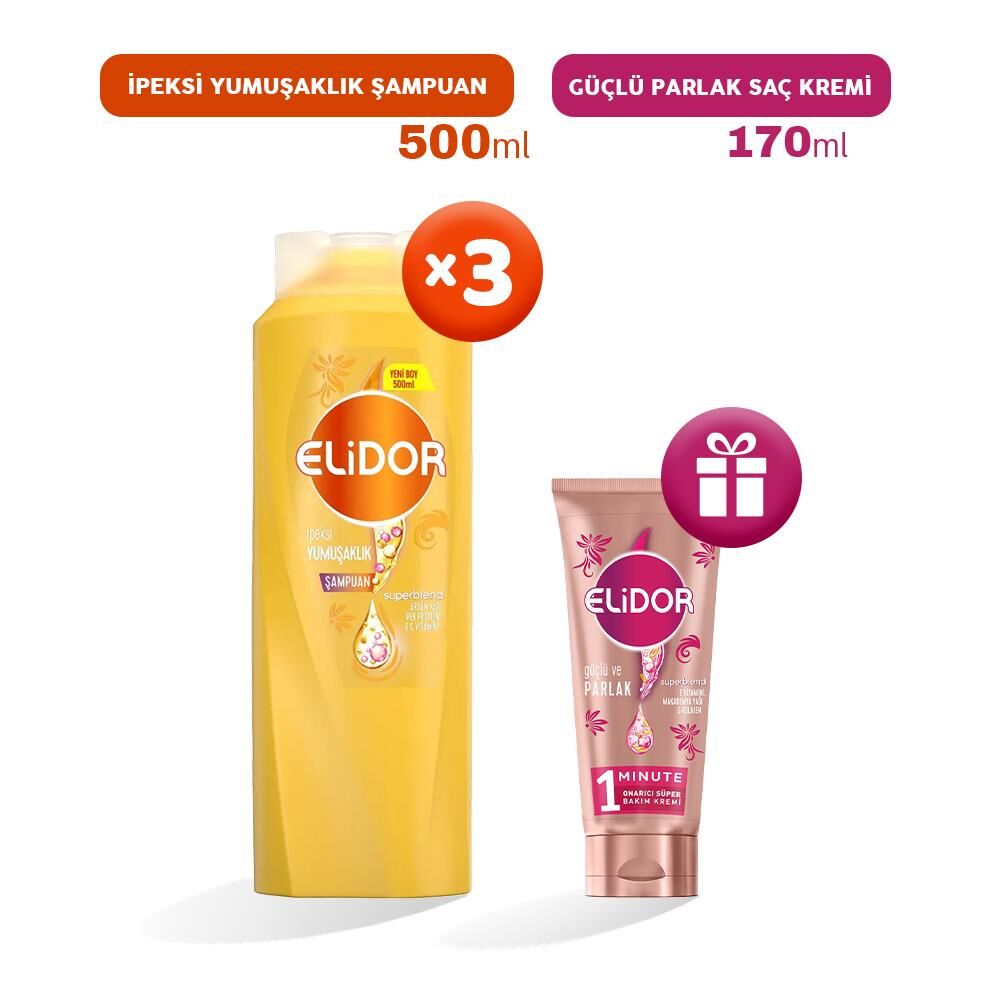 Elidor Şampuan İpeksi Yumuşaklık 500 ml x 3, Bakım Kremi Hediyeli
