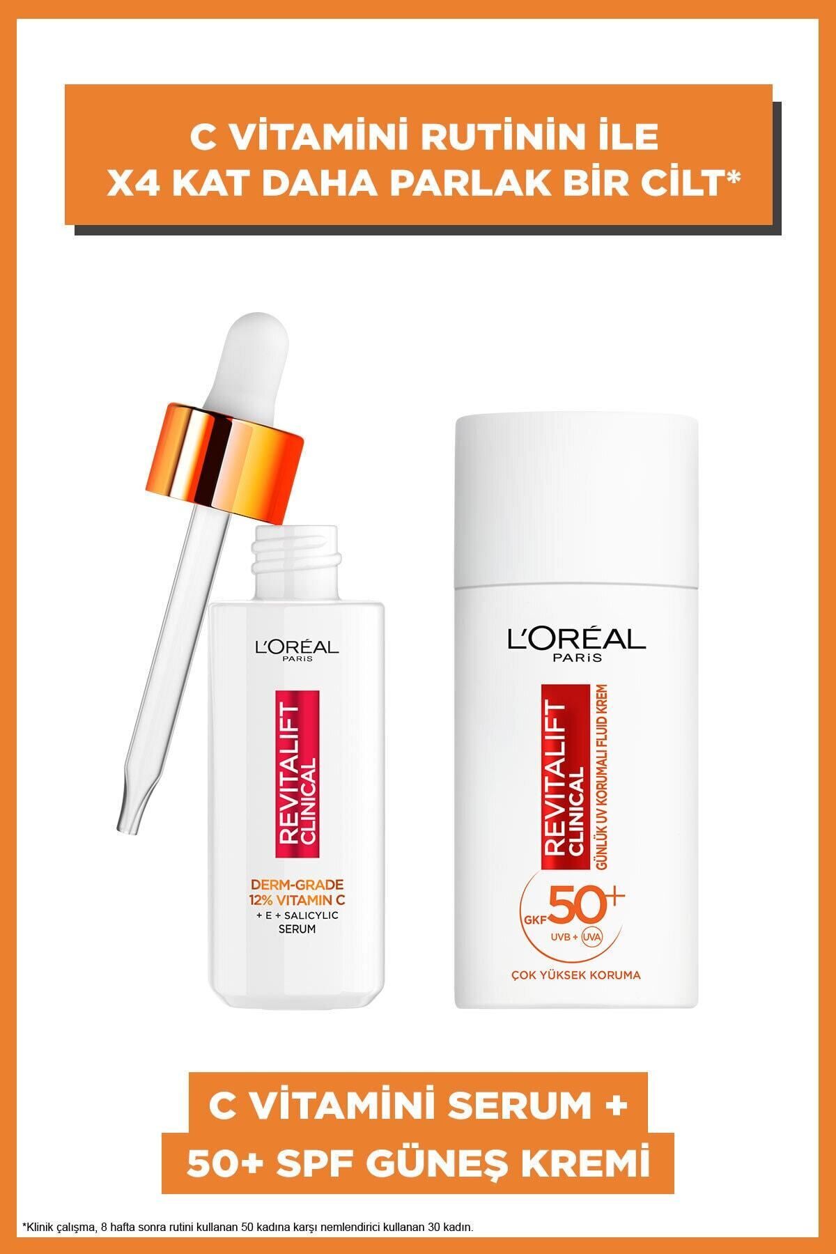L'Oreal Paris Revitalift Clinical %12 Saf C Vitamini Aydınlatıcı Serum & Spf 50 + Uv Korumalı Yüz Güneş Kremi 50 ml