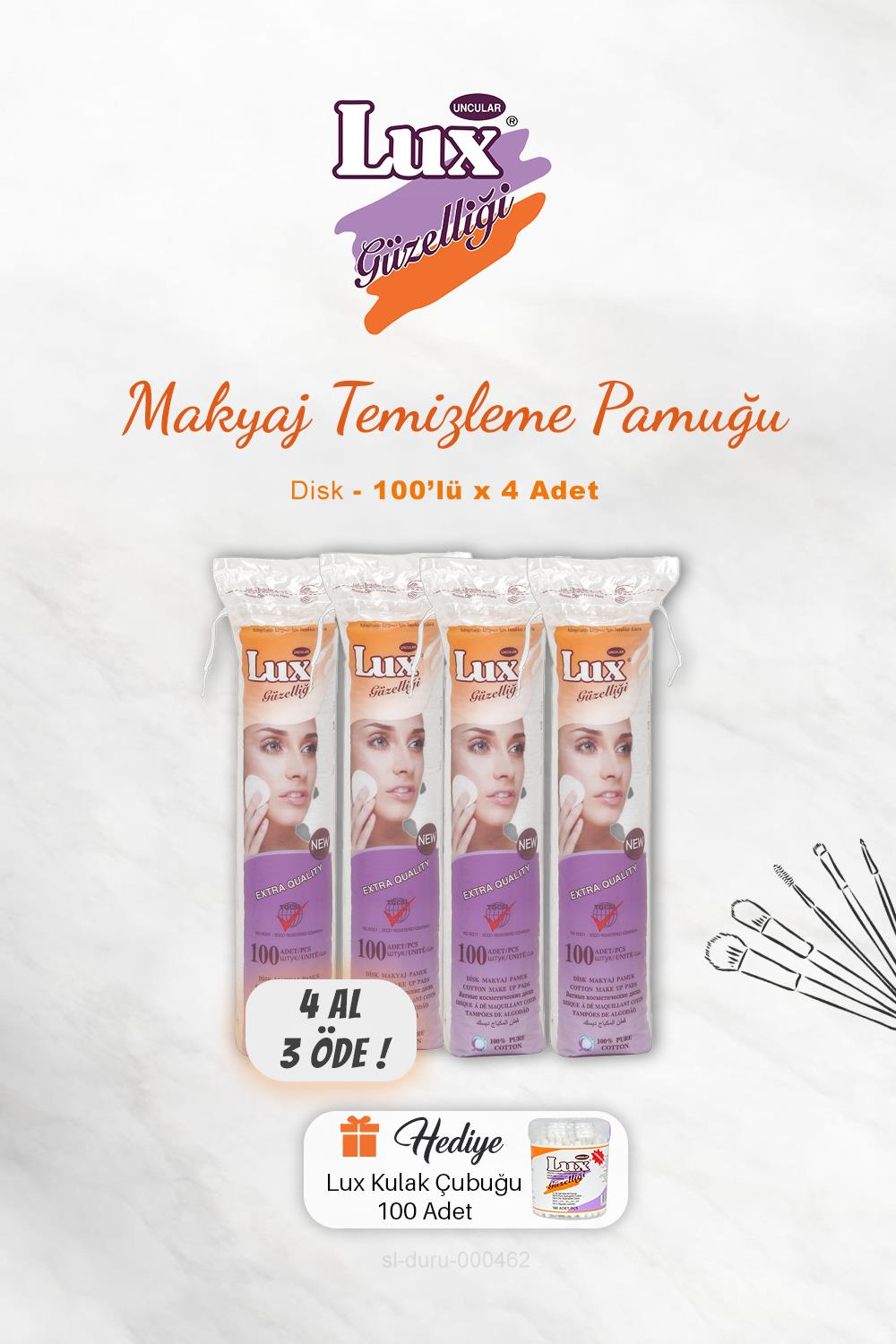 4 AL 3 ÖDE Lux Disk Makyaj Pamuğu 100'lü, Kulak Çubuğu Hediyeli